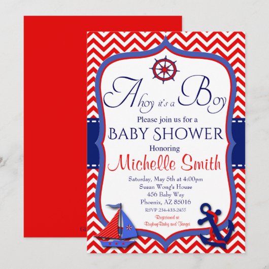 Nautical Baby shower Invitation, Ahoy is een jonge Kaart (Voorkant / Achterkant)