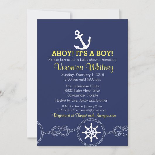 Nautical Baby shower Invitation, Ahoy! Zeilen Kaart (Voorkant)