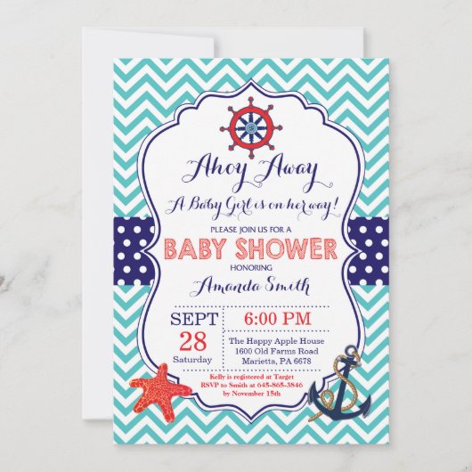 Nautical Baby shower Invitation Blauwgroen Navy Bl Kaart (Voorkant)