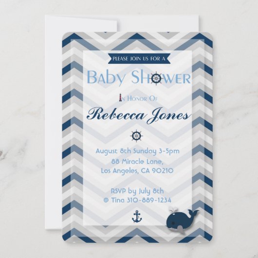 Nautical Baby shower Invitation Boy Blue Chevron Kaart (Voorkant)