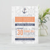 Nautical Baby shower Invitation, Boy Blue Oranje Kaart (Staand voorkant)