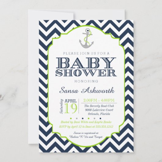 Nautical Baby shower Invitation, Chevron limoen bl Kaart (Voorkant)