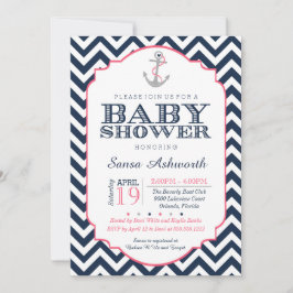 Nautical Baby shower Invitation, Chevron Pink Blue Kaart
