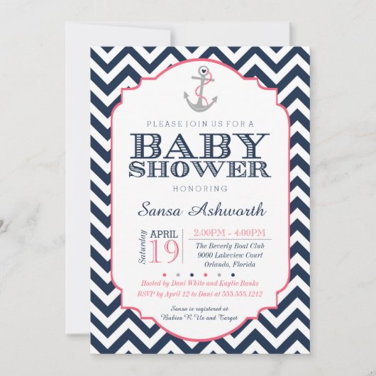 Nautical Baby shower Invitation, Chevron Pink Blue Kaart (Voorkant)