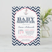 Nautical Baby shower Invitation, Chevron Pink Blue Kaart (Staand voorkant)