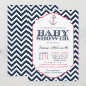 Nautical Baby shower Invitation, Chevron Pink Blue Kaart (Voorkant / Achterkant)