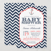 Nautical Baby shower Invitation, Chevron red marin Kaart (Voorkant / Achterkant)