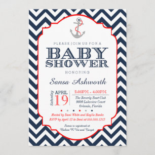 Nautical Baby shower Invitation, Chevron red marin Kaart