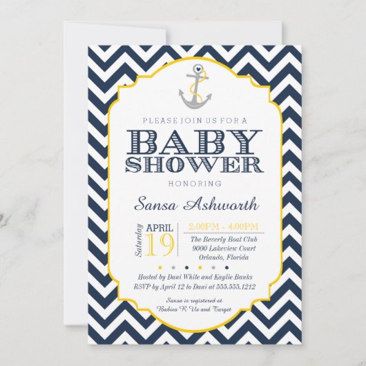 Nautical Baby shower Invitation, Chevron yellow Kaart (Voorkant)