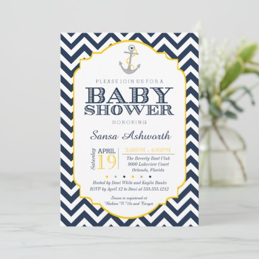 Nautical Baby shower Invitation, Chevron yellow Kaart (Staand voorkant)