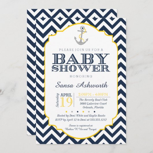 Nautical Baby shower Invitation, Chevron yellow Kaart (Voorkant / Achterkant)
