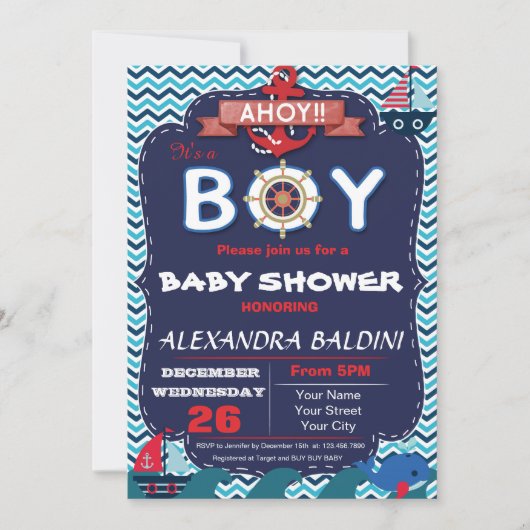 Nautical Baby shower Invitation for a Boy Kaart (Voorkant)
