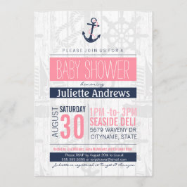 Nautical Baby shower Invitation, Girl Pink Blue Kaart