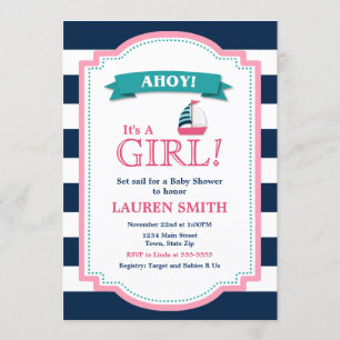 Nautical Baby shower Invitation Girl Sailboat Kaart