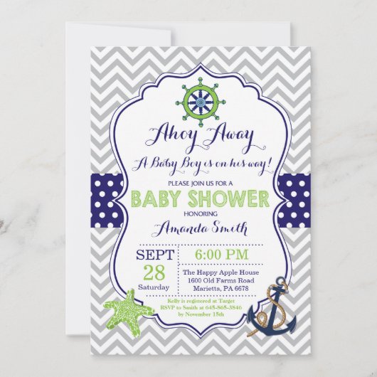 Nautical Baby shower Invitation Marine Green Grey Kaart (Voorkant)