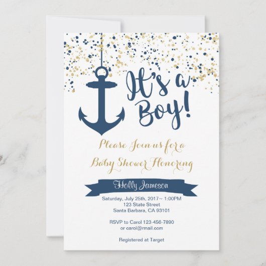 Nautical Baby shower Invitation- Navy and Gold Kaart (Voorkant)