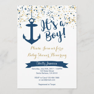 Nautical Baby shower Invitation- Navy and Gold Kaart