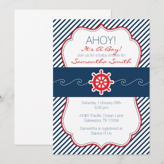 Nautical Baby shower Invitation-Navy Blue & Red Kaart (Voorkant / Achterkant)