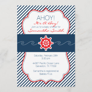 Nautical Baby shower Invitation-Navy Blue & Red Kaart