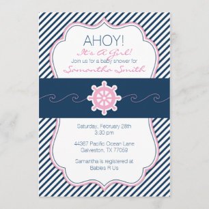 Nautical Baby shower Invitation-Navy Blue & Roze Kaart