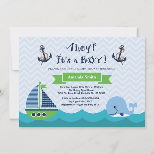 Nautical Baby shower Invitation Navy Gree and Blue Kaart (Voorkant)