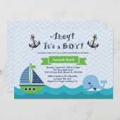 Nautical Baby shower Invitation Navy Gree and Blue Kaart (Voorkant / Achterkant)
