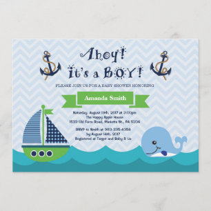 Nautical Baby shower Invitation Navy Gree and Blue Kaart