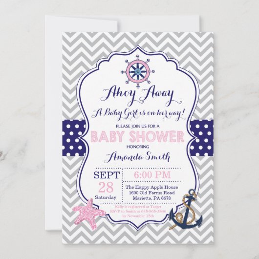 Nautical Baby shower Invitation Navy Pink Grey Kaart (Voorkant)