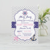 Nautical Baby shower Invitation Navy Pink Grey Kaart (Staand voorkant)