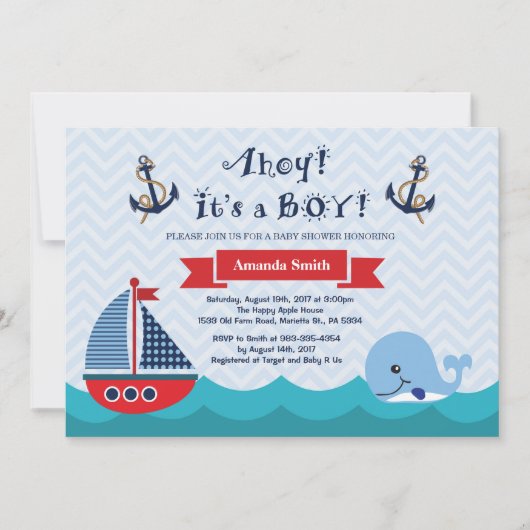 Nautical Baby shower Invitation Navy Red en Blue Kaart (Voorkant)