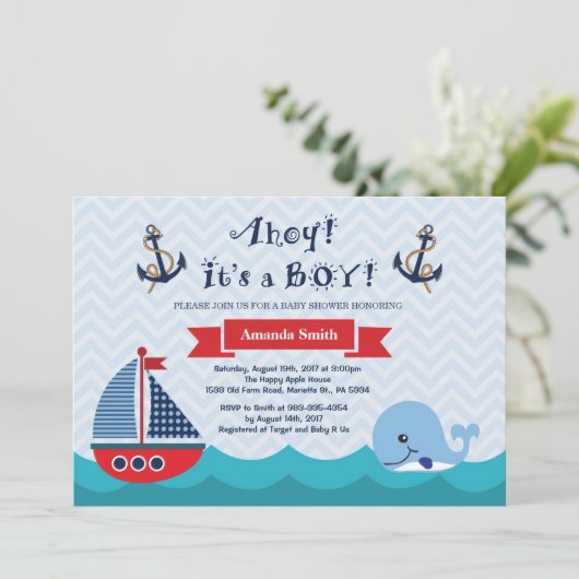 Nautical Baby shower Invitation Navy Red en Blue Kaart (Staand voorkant)