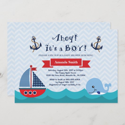 Nautical Baby shower Invitation Navy Red en Blue Kaart (Voorkant / Achterkant)