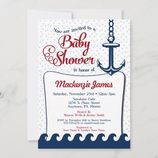 Nautical Baby shower Invitation Retro Navy Red Kaart (Voorkant)