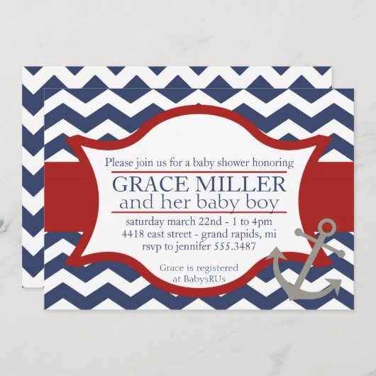 Nautical Baby shower nodigt uit. Navy blauw en roo Kaart (Voorkant / Achterkant)