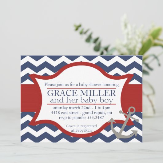 Nautical Baby shower nodigt uit. Navy blauw en roo Kaart (Staand voorkant)