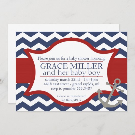 Nautical Baby shower nodigt uit. Navy blauw en roo Kaart (Voorkant / Achterkant)