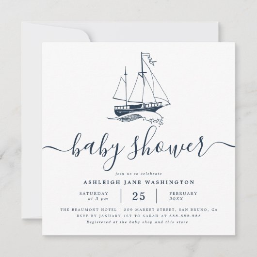 Nautical Baby shower Square Invitation Navy Ship Kaart (Voorkant)