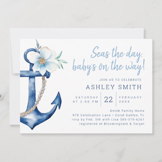 Nautical Baby Shower Uitnodiging | Blauwe Aquarel  (Voorkant)