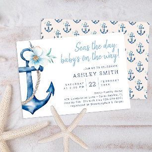 Nautical Baby Shower Uitnodiging   Blauwe Aquarel 