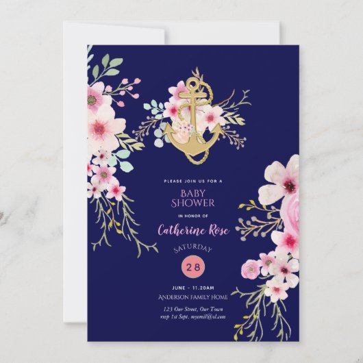 Nautical Baby Shower Uitnodiging Navy Blauwe Roze  (Voorkant)