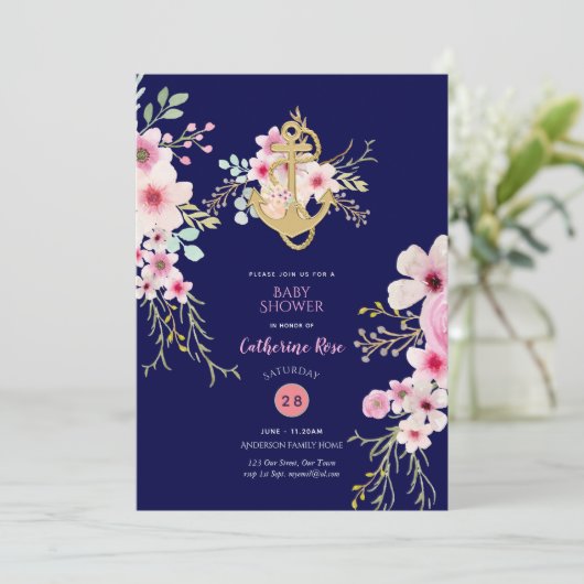 Nautical Baby Shower Uitnodiging Navy Blauwe Roze  (Staand voorkant)