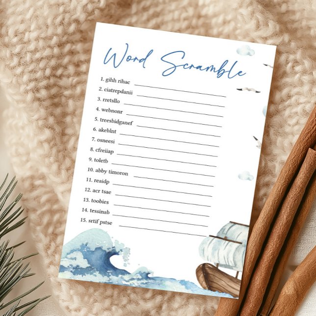 Nautical Baby Shower Woordzoekspel (Ahoy It's A Boy Baby Shower Word Scramble Game)