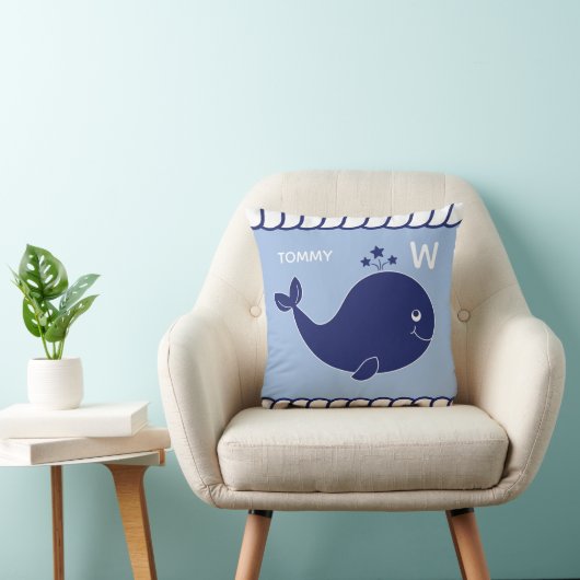 Nautical Baby Whale Add Name and Monogram Blue Kussen (Stoel)