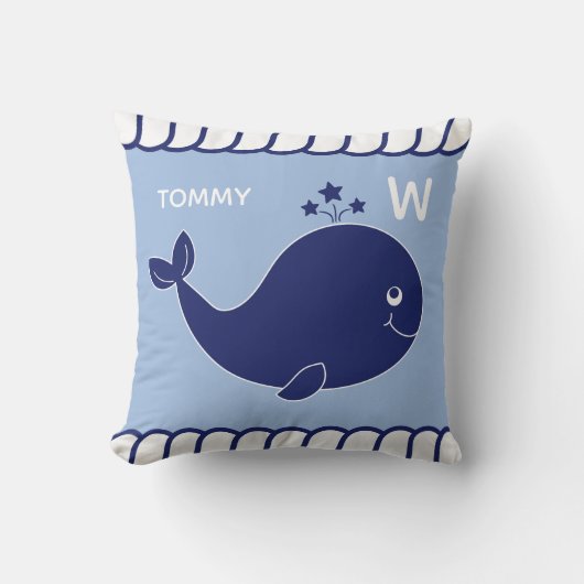 Nautical Baby Whale Add Name and Monogram Blue Kussen (Voorkant)