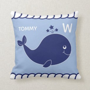 Nautical Baby Whale Add Name and Monogram Blue Kussen