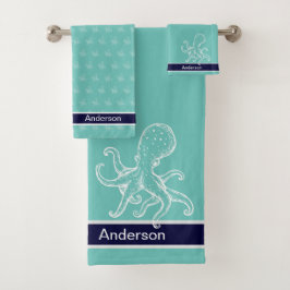 Nautical Bathroom Navy Blue Blauwgroen Octopus Bad Handdoek