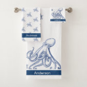 Nautical Bathroom Navy Blue Octopus Bad Handdoek (Insitu)