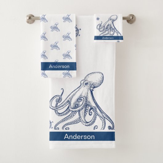 Nautical Bathroom Navy Blue Octopus Bad Handdoek (Insitu)