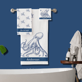 Nautical Bathroom Navy Blue Octopus Bad Handdoek