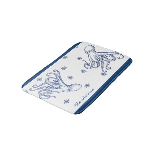 Nautical Bathroom Navy Blue Octopus Badmat (Gekanteld)